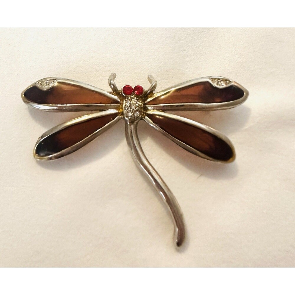 Vintage Dragonfly Pin Silver Tone Brown Maroon Enamel Rhinestone Bug Brooch”)